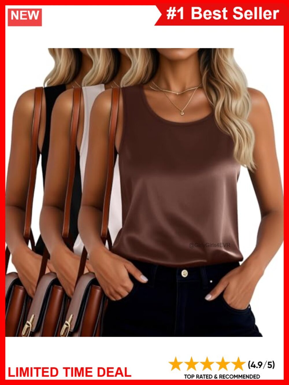 Satin Tank Top 3 Pack Sleeveless Camisole Scoop Neck Loose Fit Summer Layering